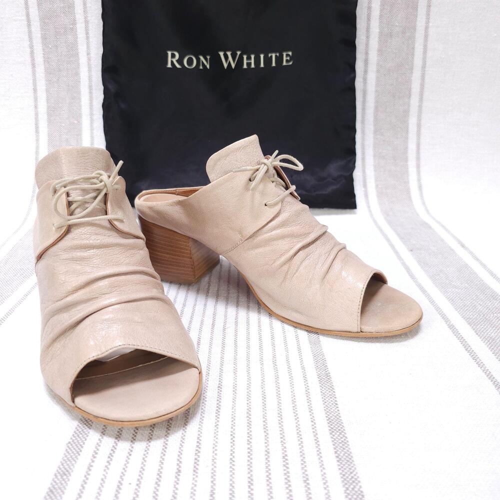 Ron White Shoes Womens 9 Beige Leather Lace Up Mule Open Toe Block Heel Italy